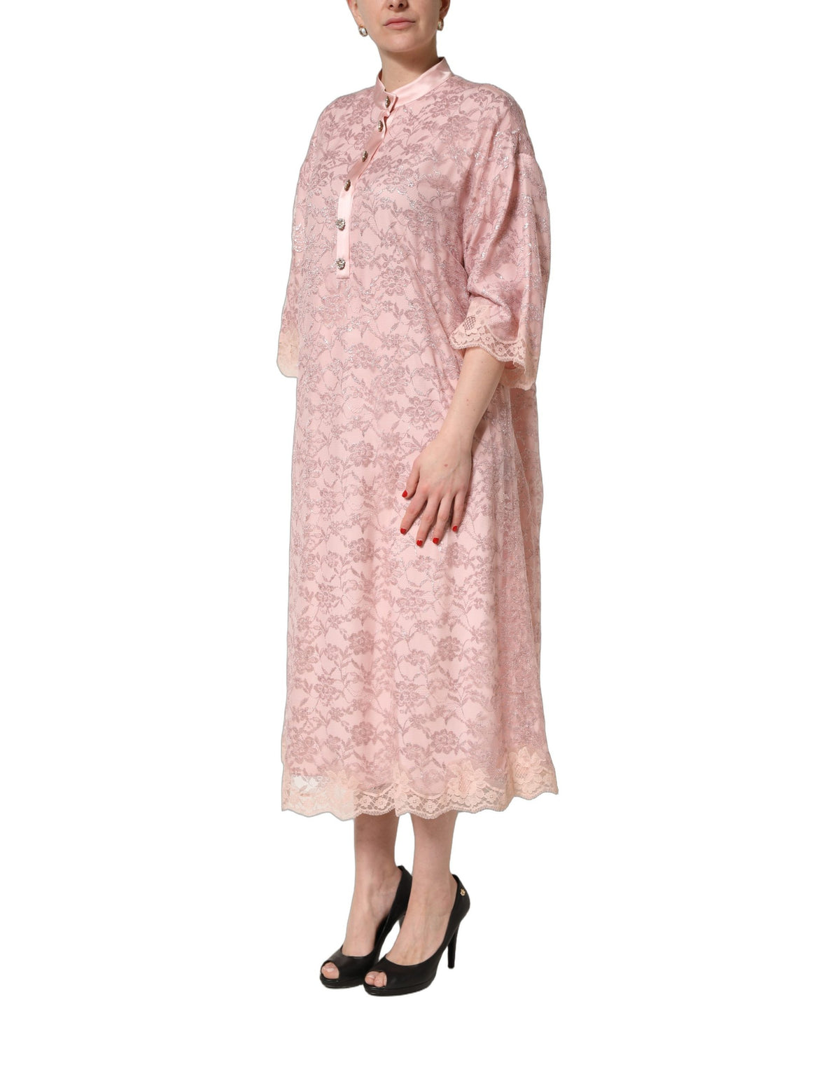 Dolce & Gabbana Pink Corded Floral Lace Kaftan Midi Dress