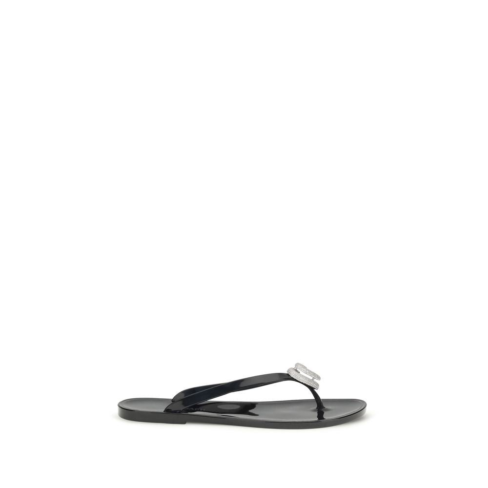 MACH & MACH Double Heart Black Rubber Flat Sandals