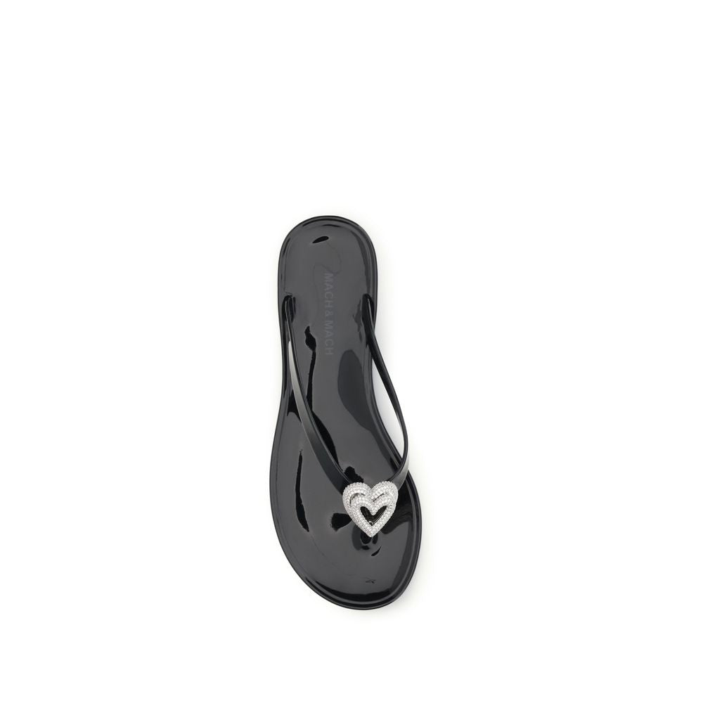 MACH & MACH Double Heart Black Rubber Flat Sandals
