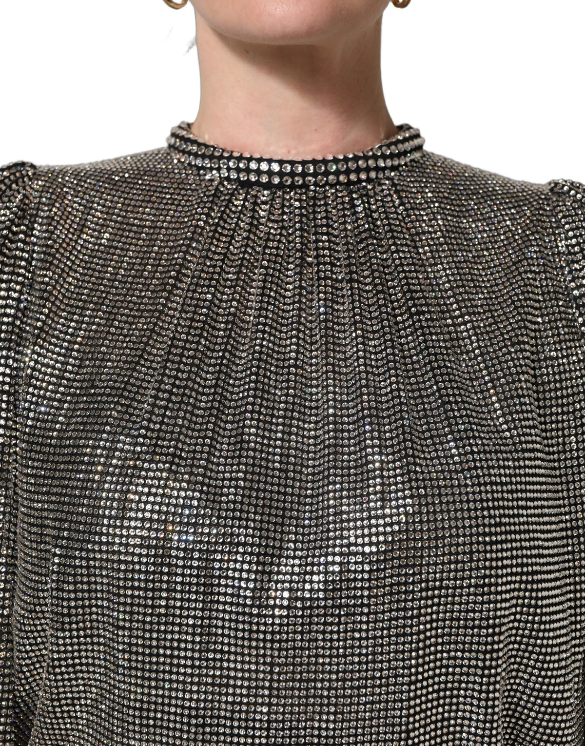 Dolce & Gabbana Silver Rhinestones Long Sleeves Bodysuit Dress
