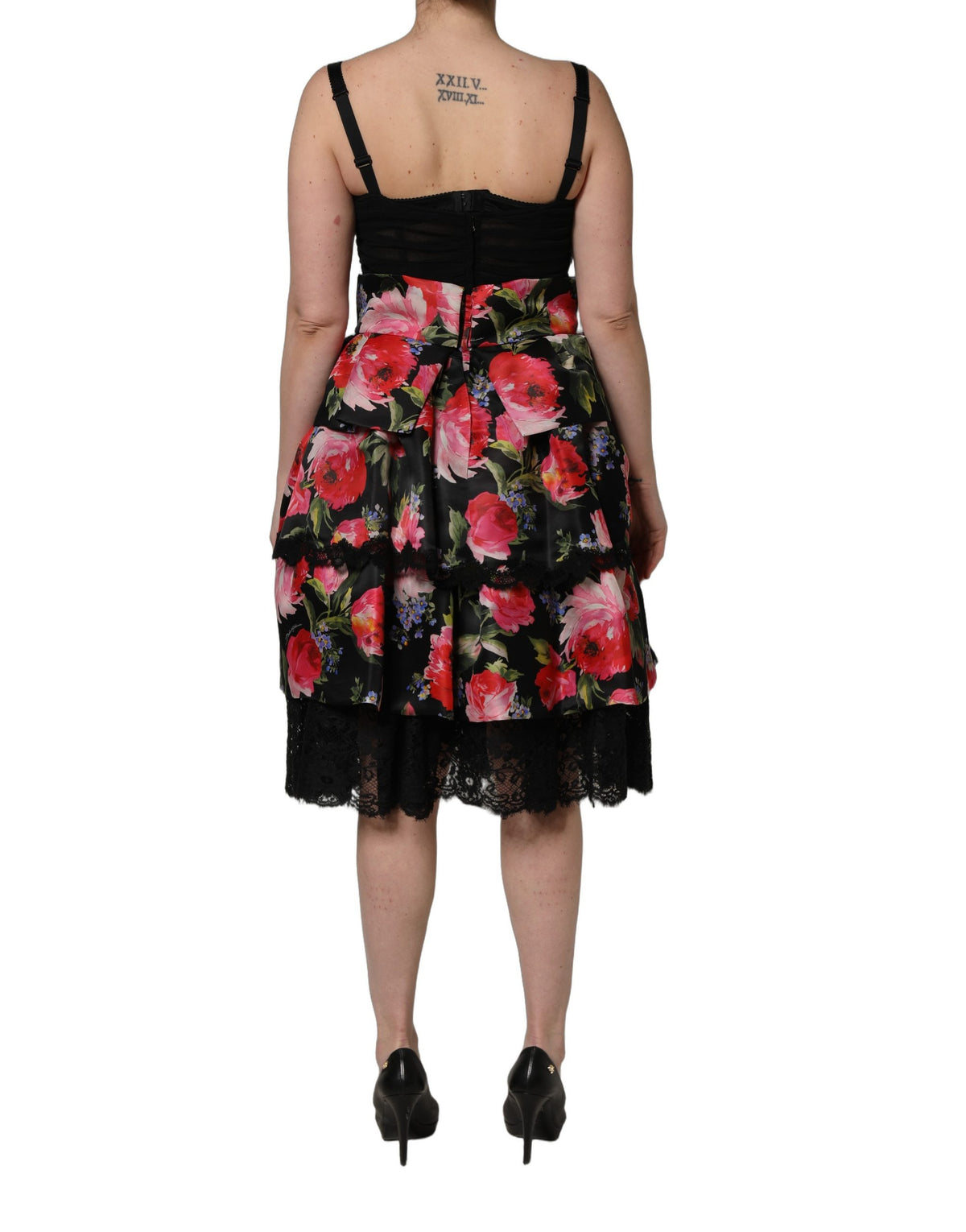 Dolce & Gabbana Black Sleeveless Bustier Floral Print Tiered Dress