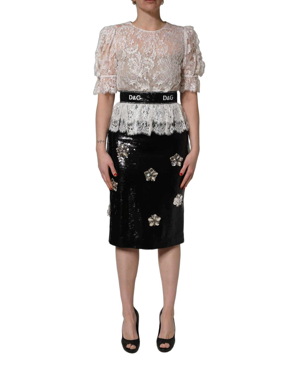 Dolce & Gabbana White Lace Top Black Skirt Sheath Dress