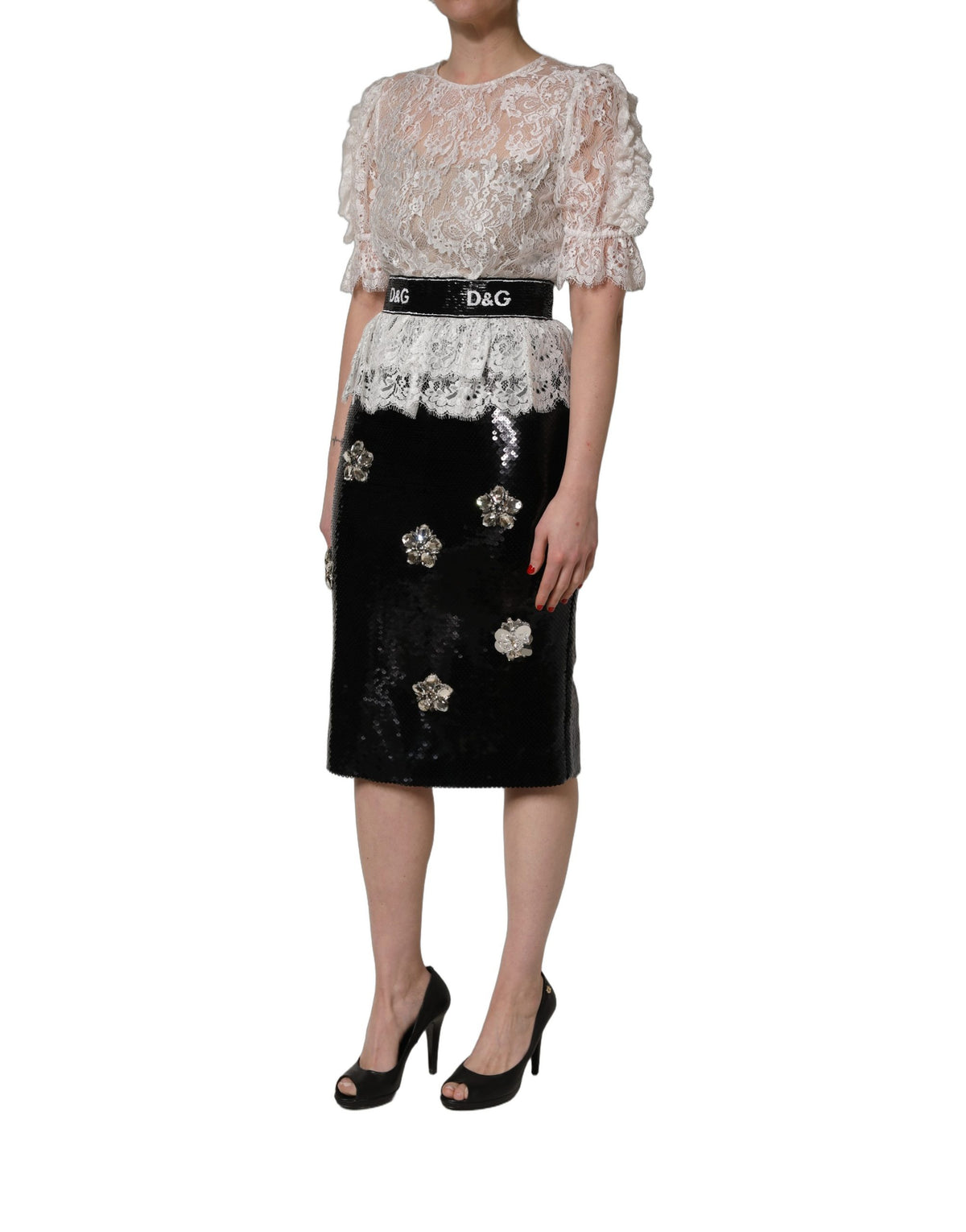 Dolce & Gabbana White Lace Top Black Skirt Sheath Dress