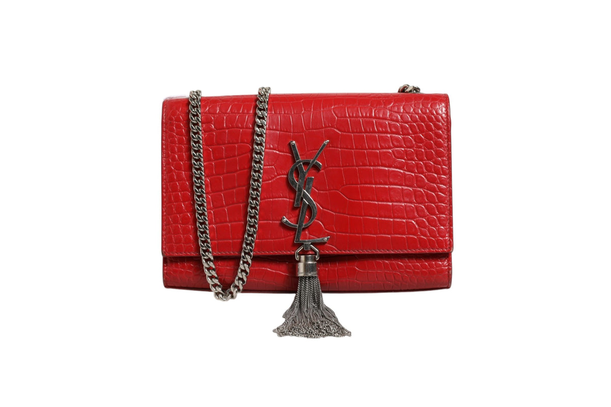 Sac bandoulière Saint Laurent Kate Tassel en cuir gaufré croco rouge
