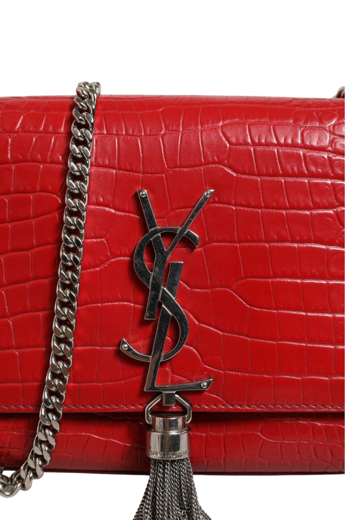 Sac bandoulière Saint Laurent Kate Tassel en cuir gaufré croco rouge