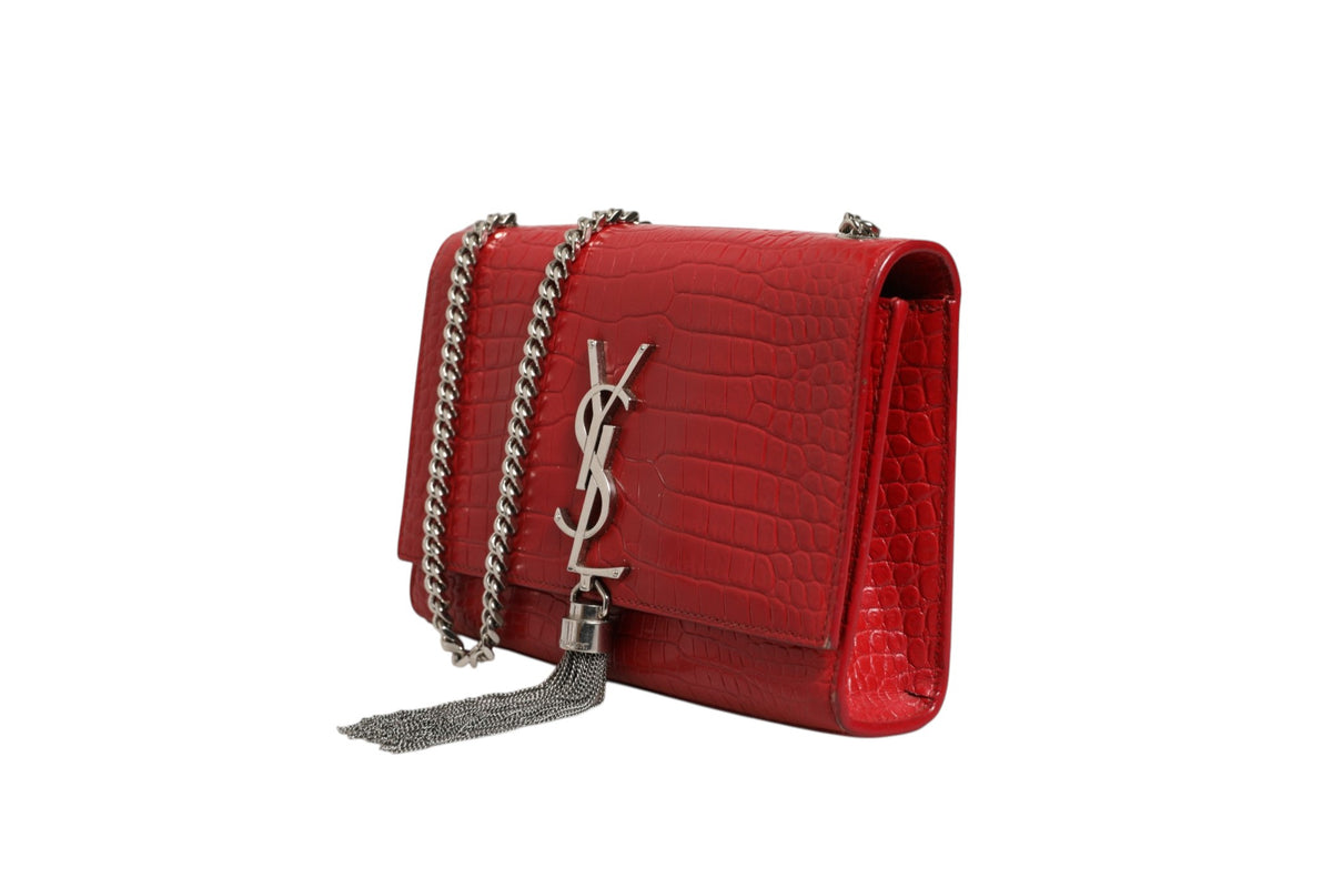 Sac bandoulière Saint Laurent Kate Tassel en cuir gaufré croco rouge