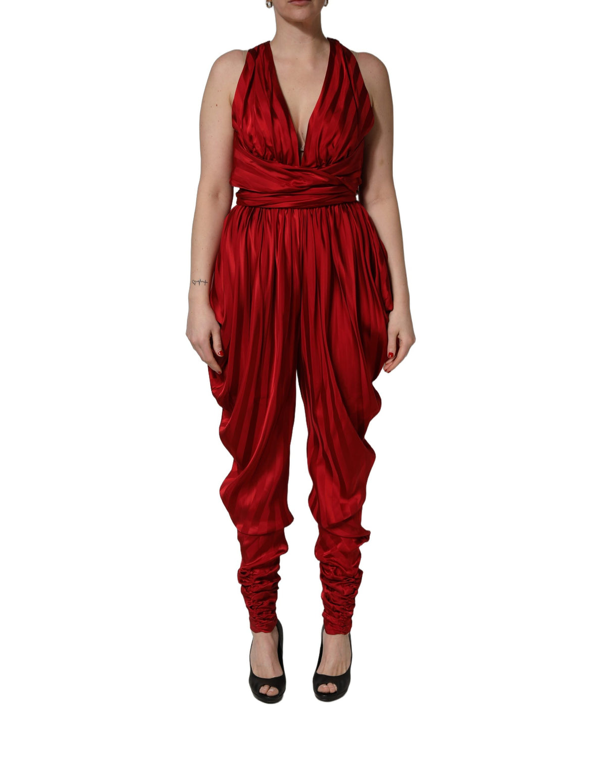 Dolce & Gabbana Red Plunging Halter Neck Draped Jumpsuit Dress