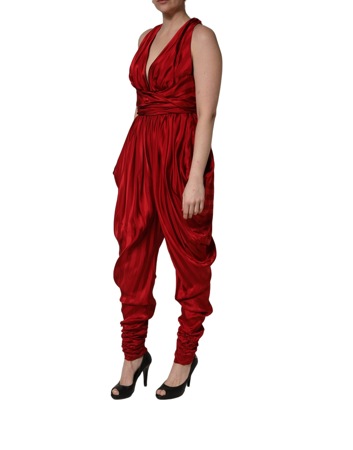 Dolce & Gabbana Red Plunging Halter Neck Draped Jumpsuit Dress
