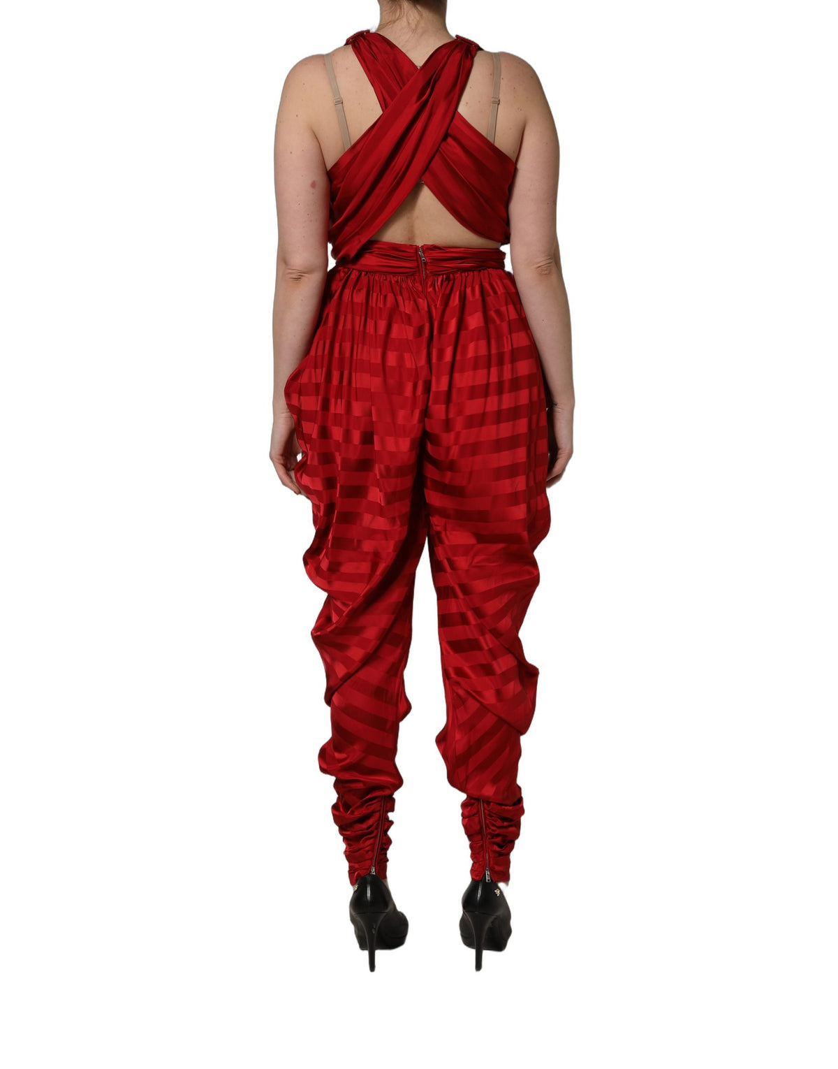 Dolce & Gabbana Red Plunging Halter Neck Draped Jumpsuit Dress