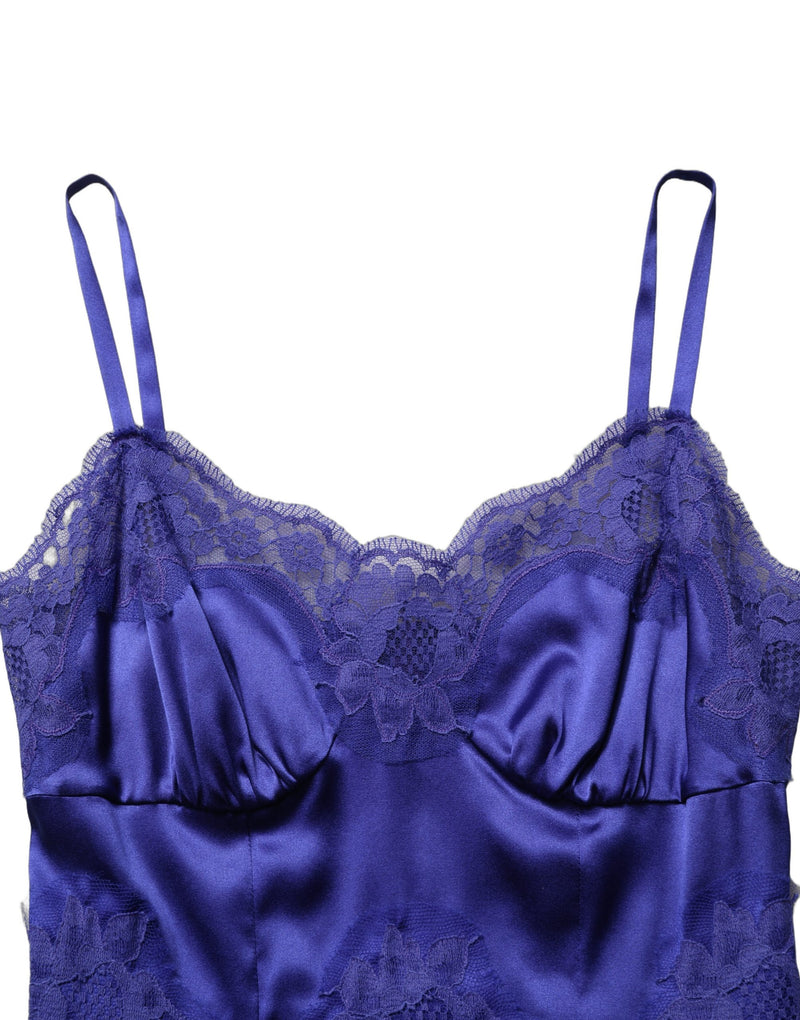 Dolce & Gabbana Blue Sleeveless Lace Trim A-line Gown Dress