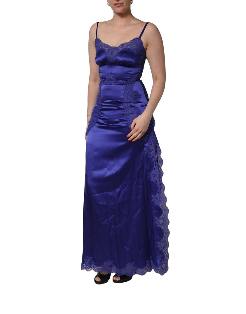 Dolce & Gabbana Blue Sleeveless Lace Trim A-line Gown Dress