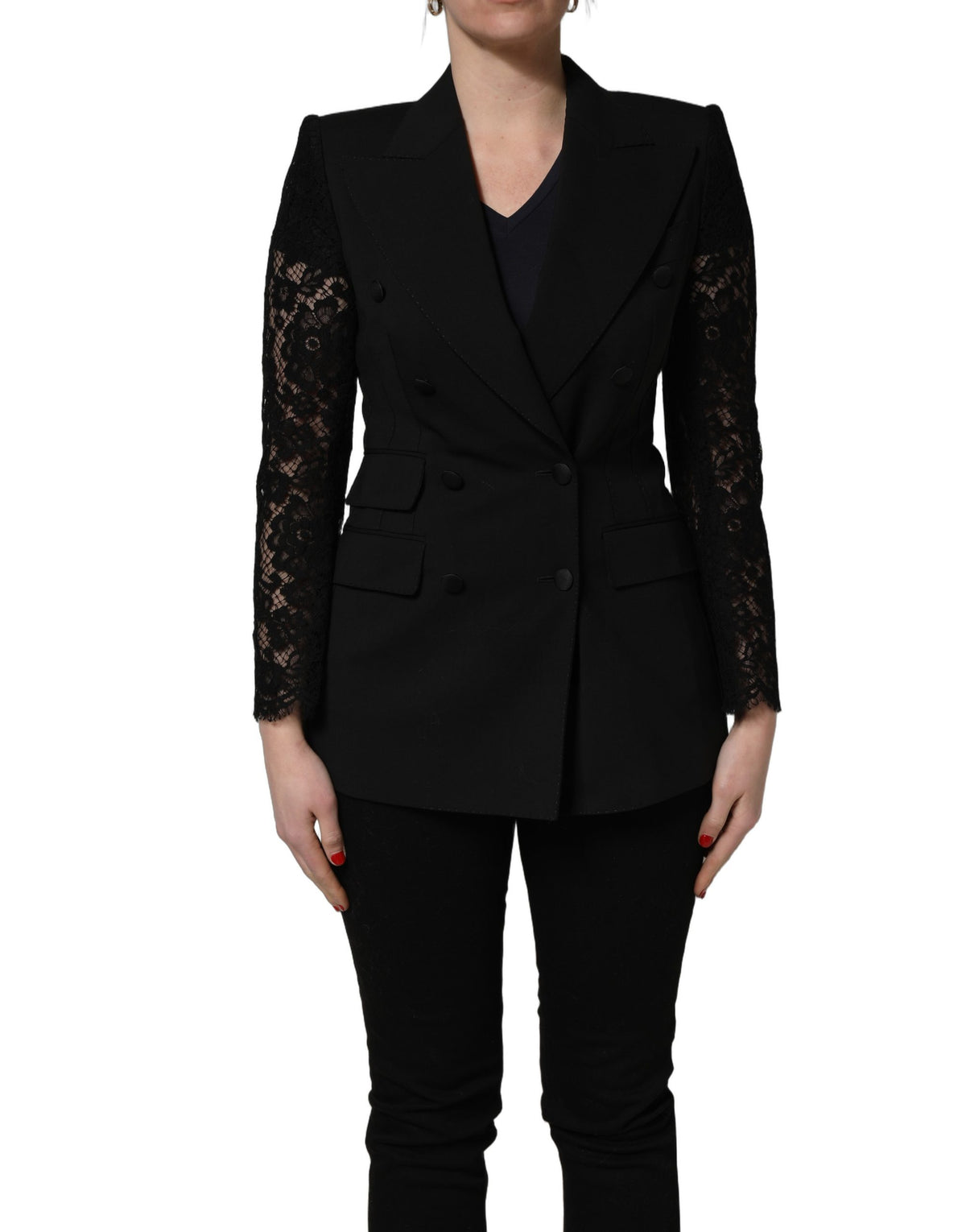 Dolce & Gabbana Black Wool Double-Breasted Lace Sleeve Jacket