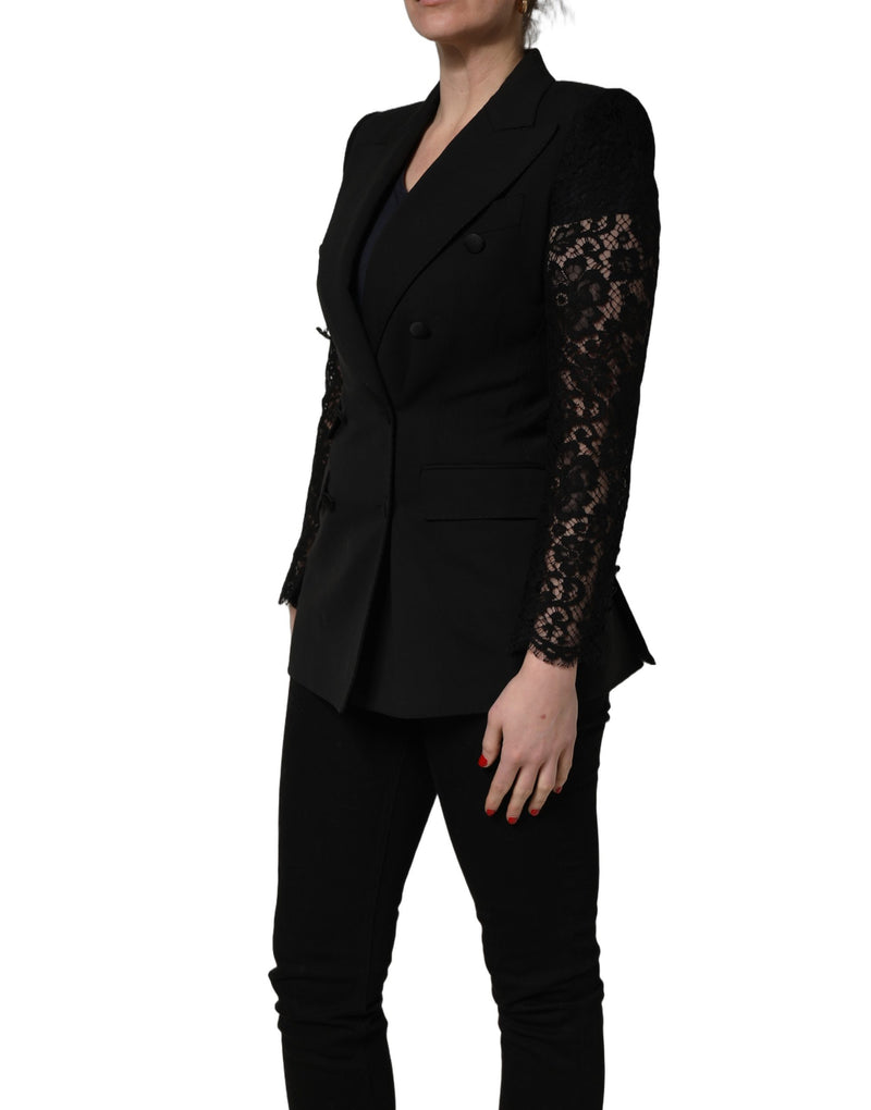 Dolce & Gabbana Black Wool Double-Breasted Lace Sleeve Jacket
