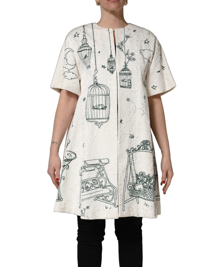 Dolce & Gabbana White Jacquard Garden Print Coat Jacket