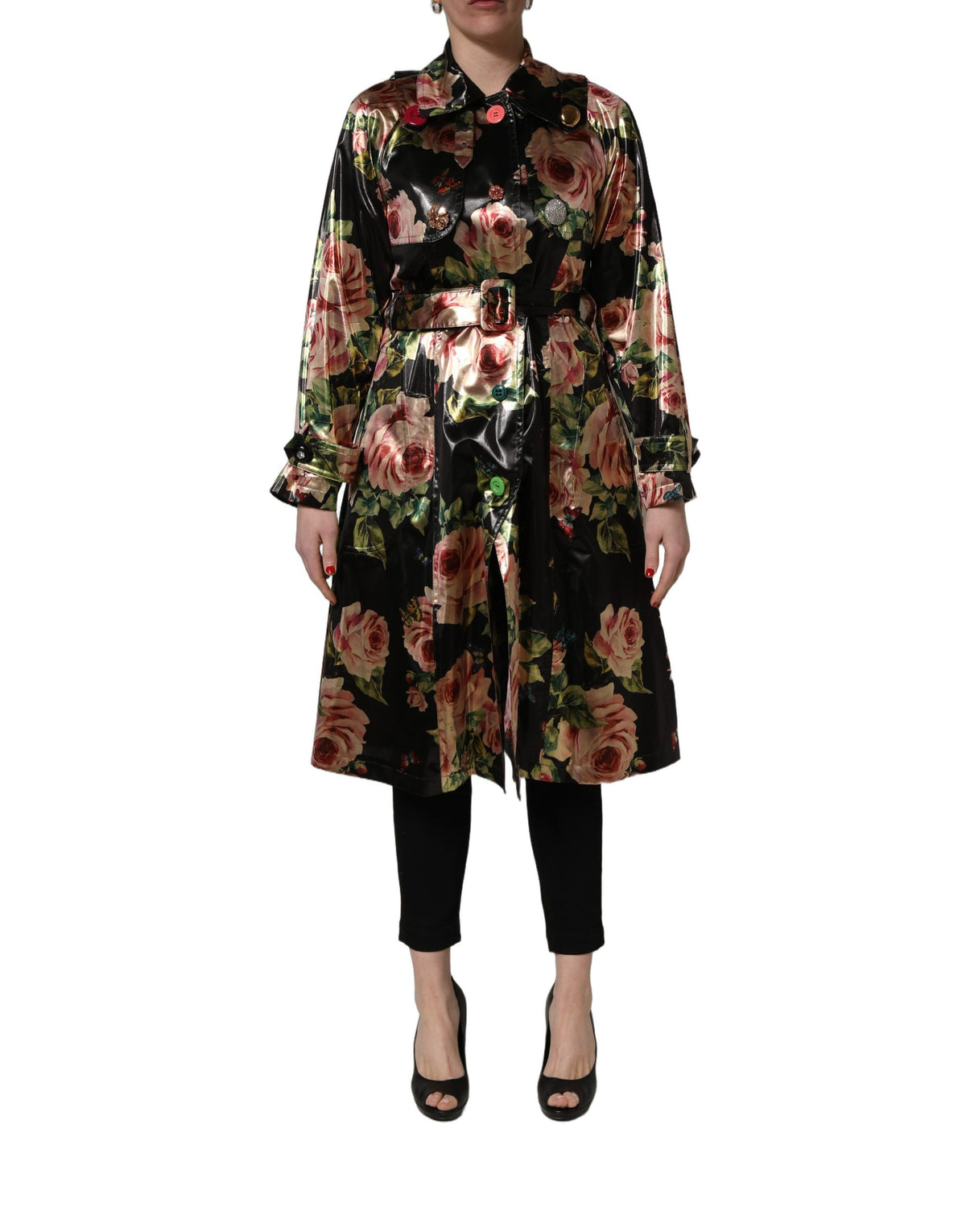 Dolce & Gabbana Black Floral Belted Polyester Trench Coat