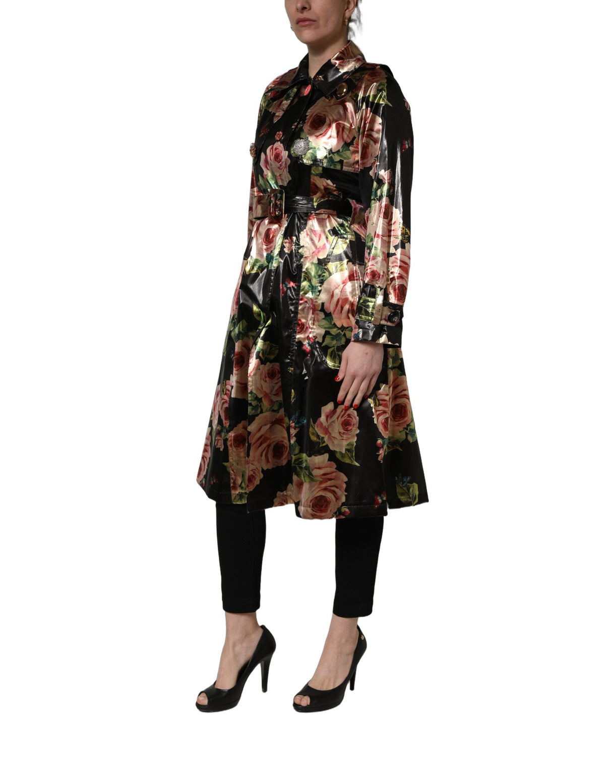 Dolce & Gabbana Black Floral Belted Polyester Trench Coat