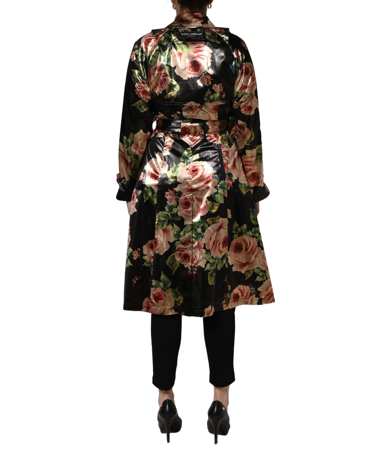 Dolce & Gabbana Black Floral Belted Polyester Trench Coat
