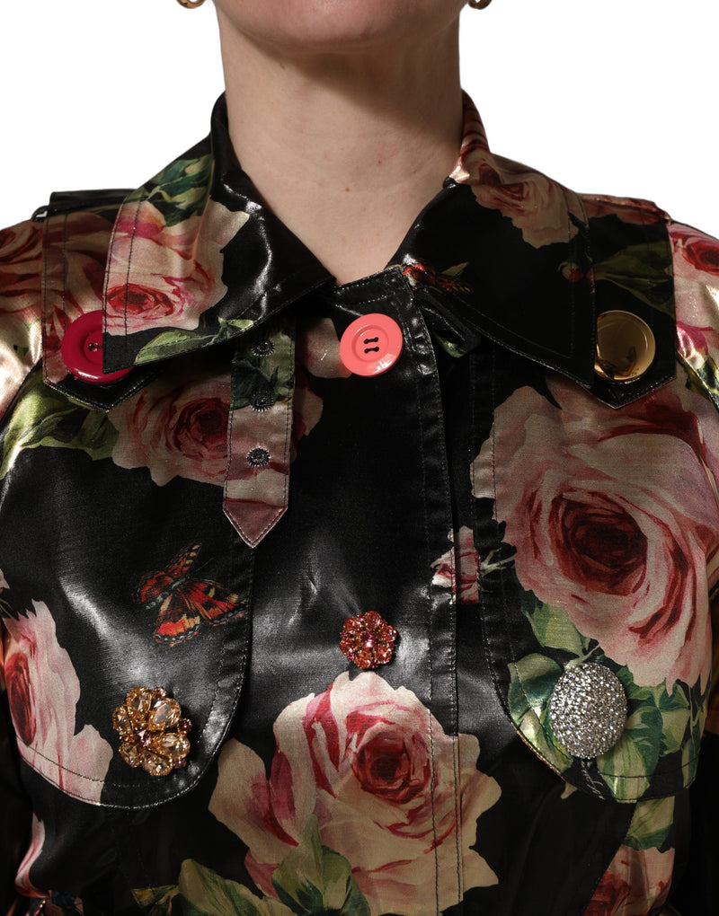 Dolce & Gabbana Black Floral Belted Polyester Trench Coat