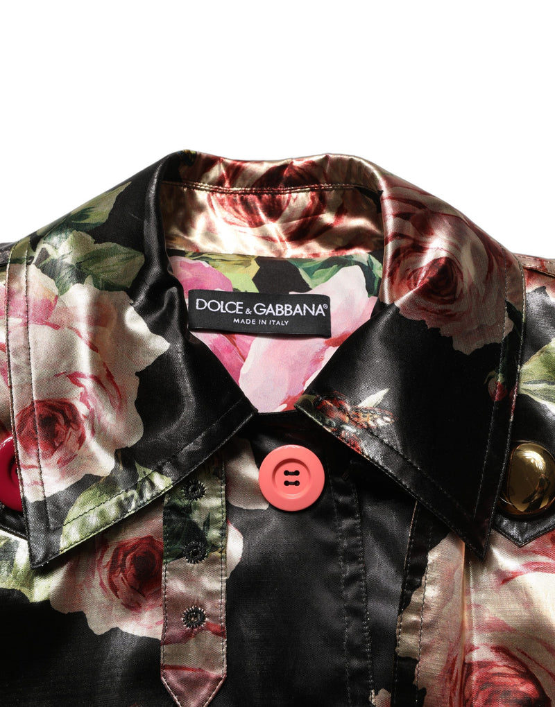Dolce & Gabbana Black Floral Belted Polyester Trench Coat