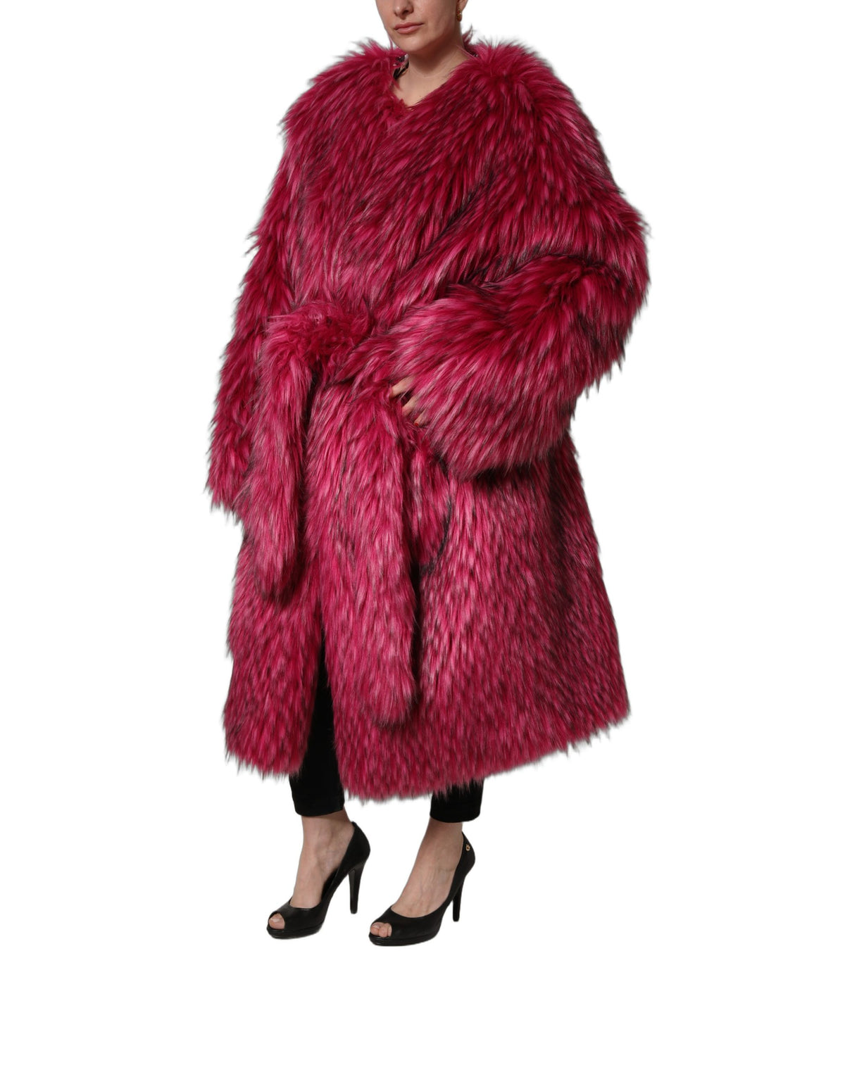 Dolce & Gabbana Fuchsia Belted Faux-Fur Trench Coat Jacket