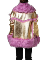 Dolce & Gabbana Pink Plush Faux Fur Gold Leather Coat