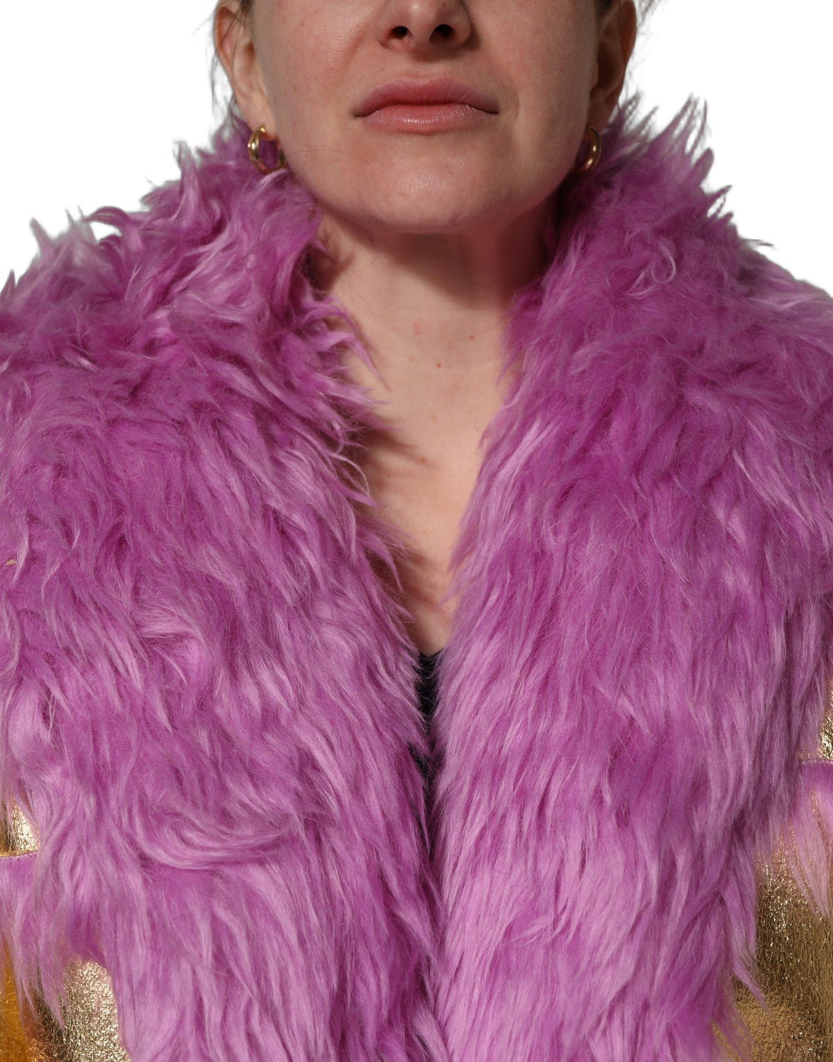 Dolce & Gabbana Pink Plush Faux Fur Gold Leather Coat