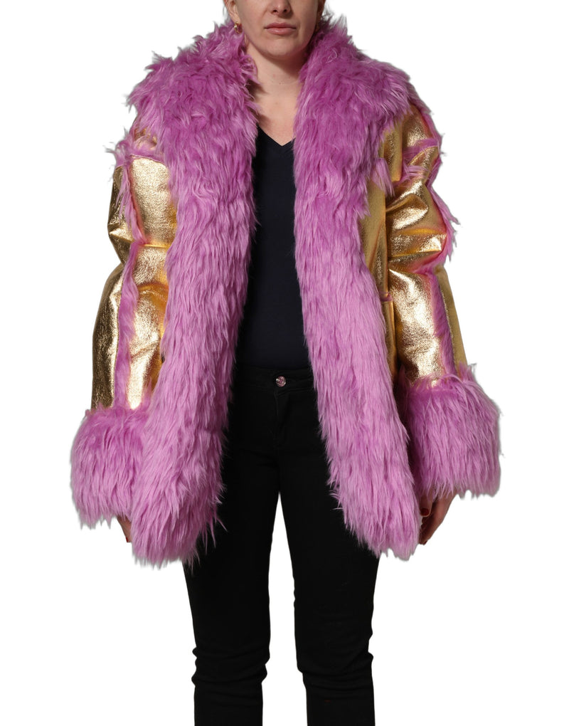 Dolce & Gabbana Pink Plush Faux Fur Gold Leather Coat