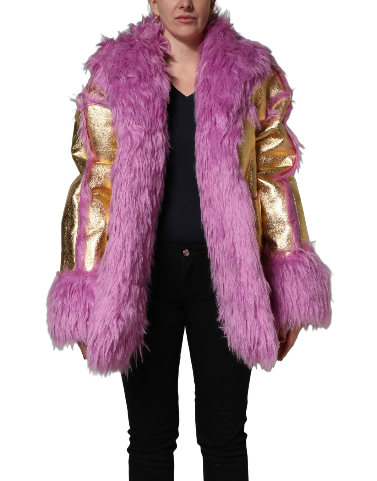 Dolce & Gabbana Pink Plush Faux Fur Gold Leather Coat