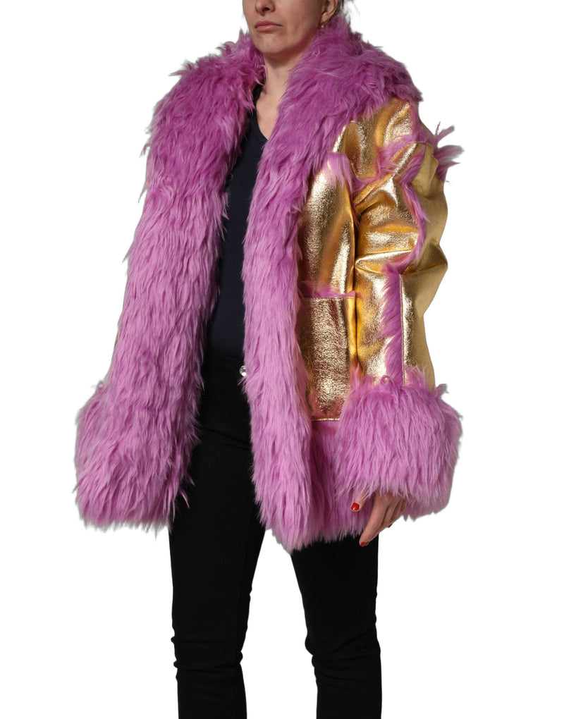 Dolce & Gabbana Pink Plush Faux Fur Gold Leather Coat
