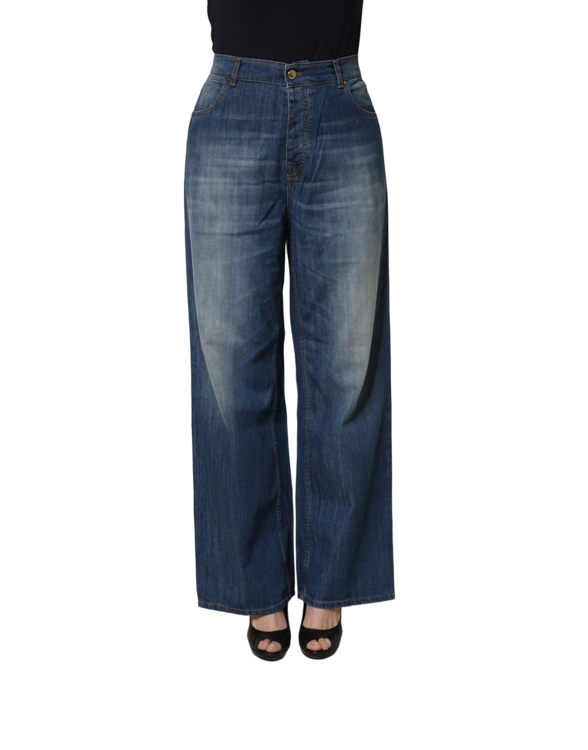 PINKO Blue Washed High Waist Wide Leg Denim Jeans