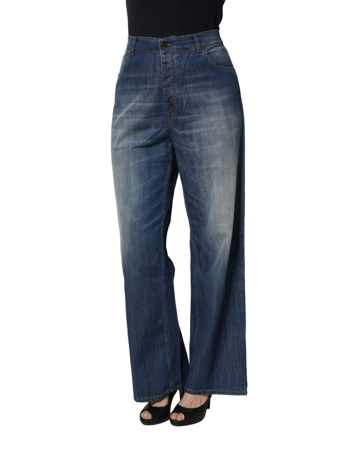 PINKO Blue Washed High Waist Wide Leg Denim Jeans