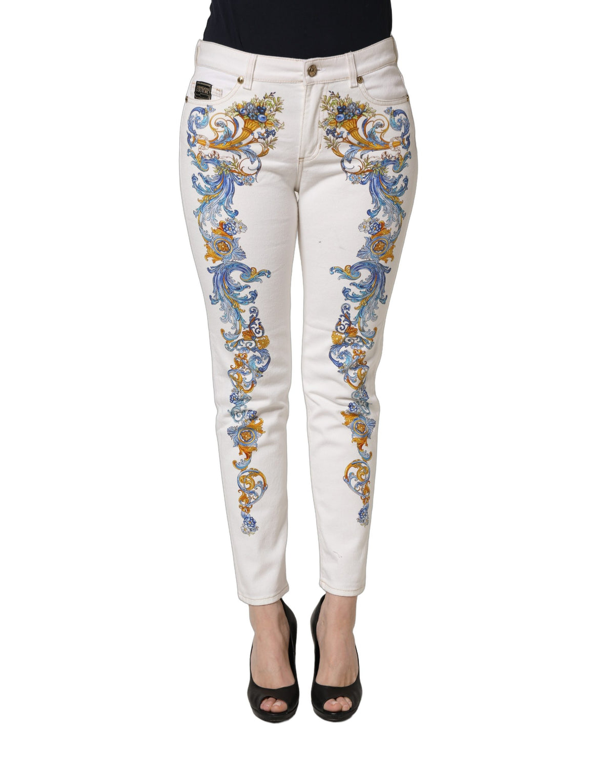 Versace Jeans Couture White Floral Print Skinny Denim Jeans