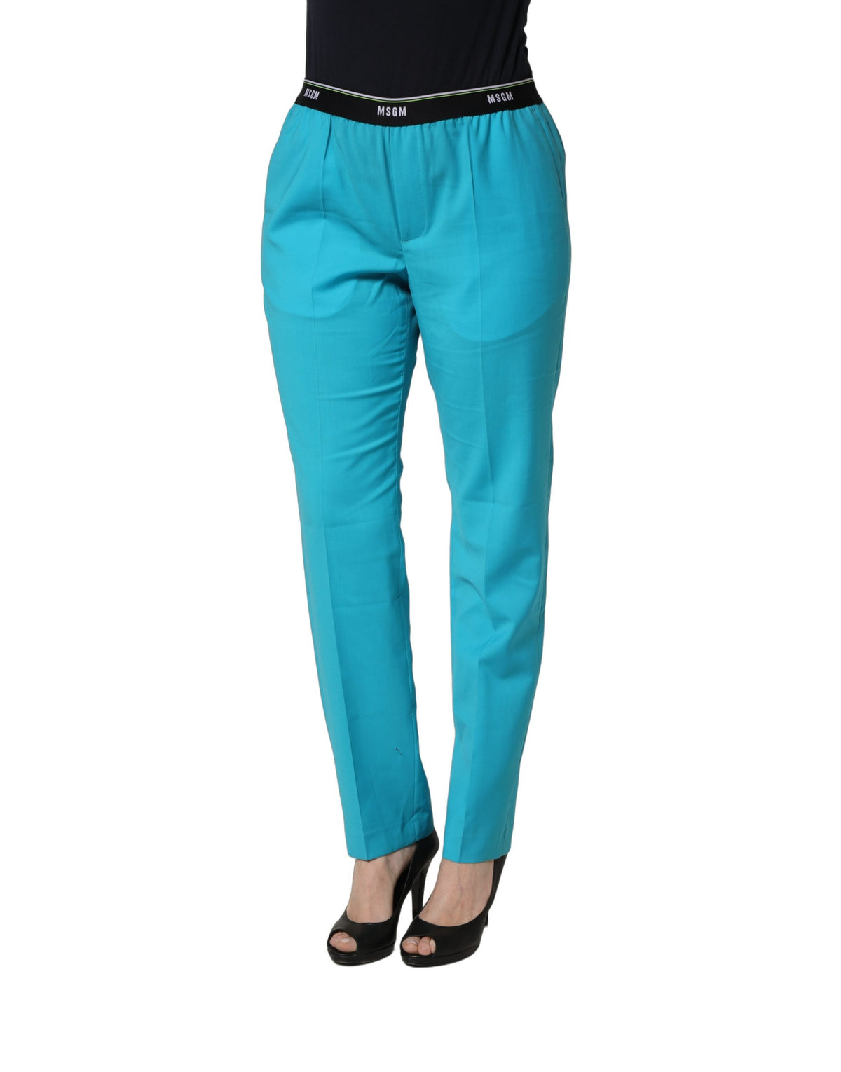 MSGM Blue Wool Mid Waist Tapered Women Trouser Pants