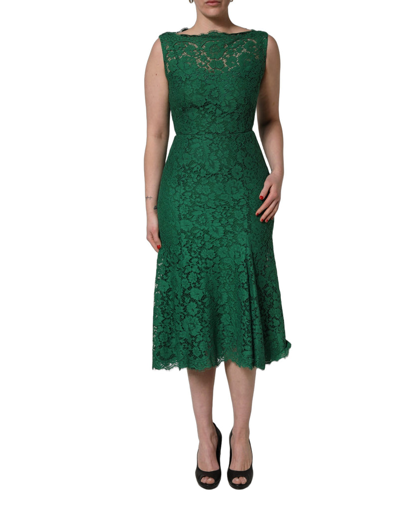 Dolce & Gabbana Green Floral Lace Sleeveless Midi Dress