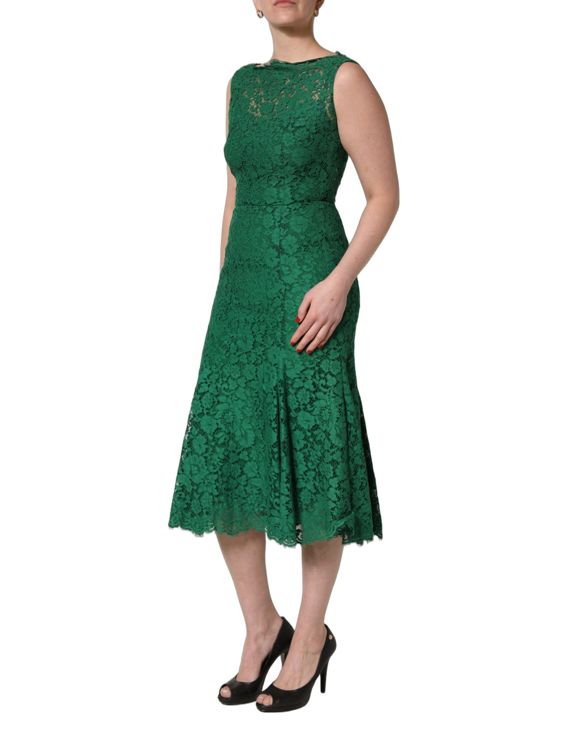 Dolce & Gabbana Green Floral Lace Sleeveless Midi Dress