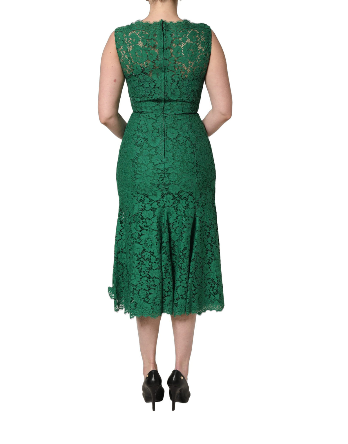 Dolce & Gabbana Green Floral Lace Sleeveless Midi Dress