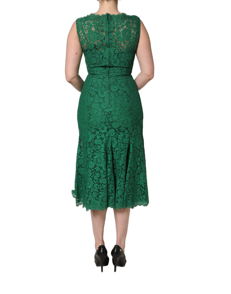 Dolce & Gabbana Green Floral Lace Sleeveless Midi Dress
