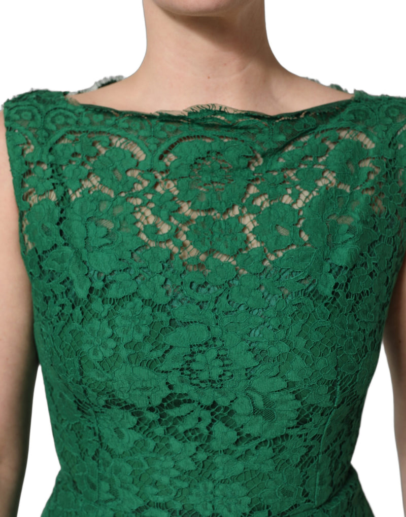 Dolce & Gabbana Green Floral Lace Sleeveless Midi Dress