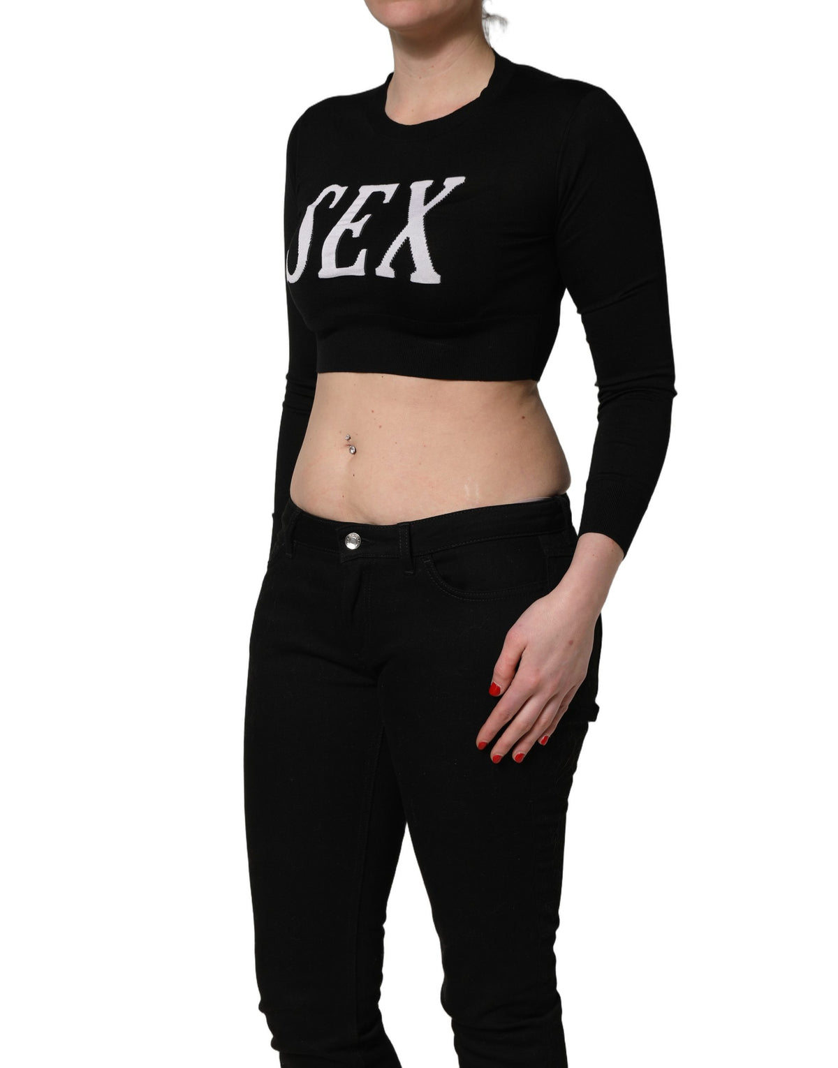 Dolce & Gabbana Black Graphic Print Long-Sleeved Crop Top