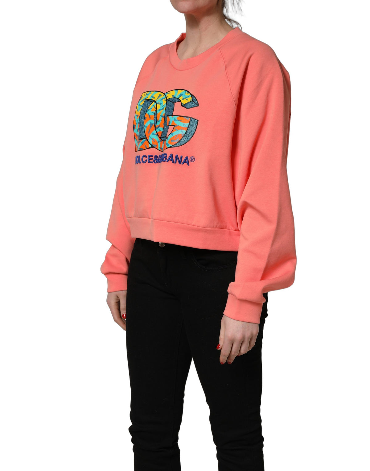 Dolce & Gabbana Pink Graphic Crew Neck Cropped Sweatshirt