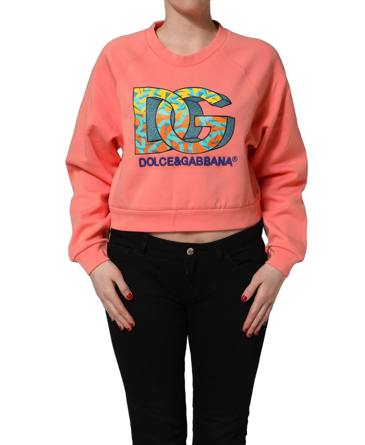 Dolce & Gabbana Pink Graphic Crew Neck Cropped Sweatshirt