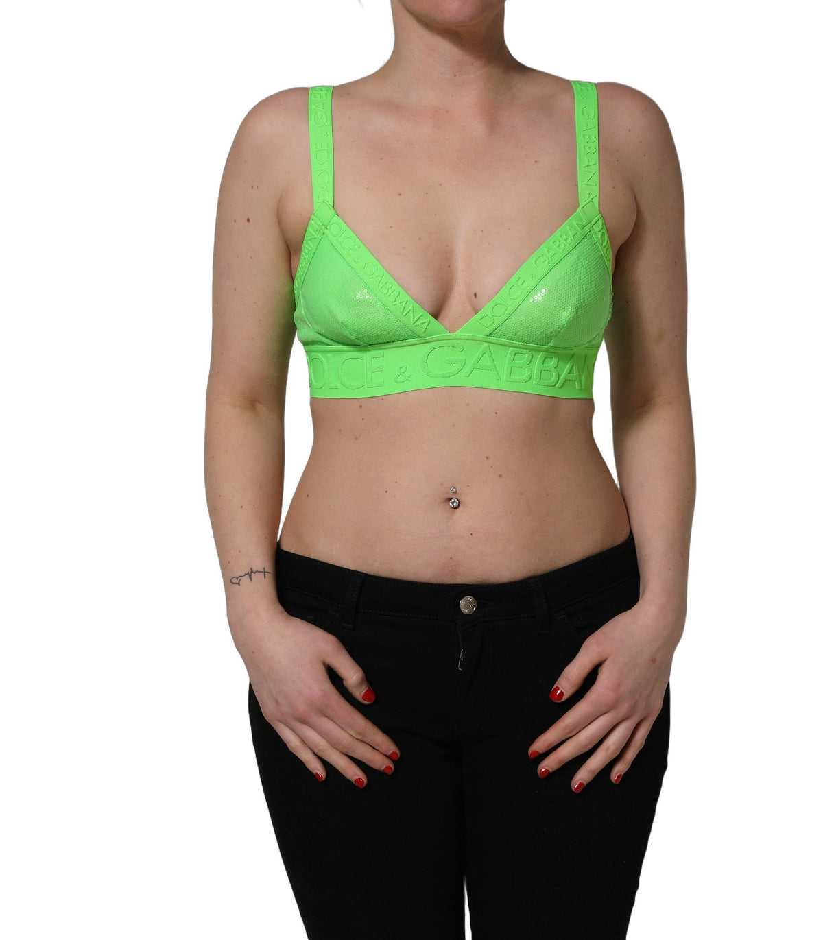 Dolce & Gabbana Neon Green Soft Cup Logo-Trim Cropped Top