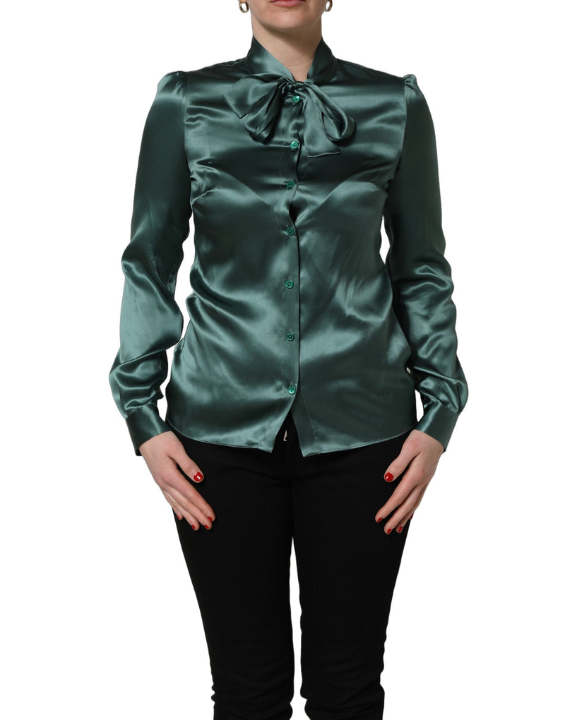 Dolce & Gabbana Dark Green Silk Satin Blouse with Neck Tie