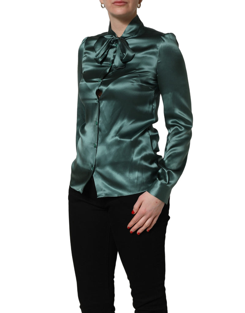 Dolce & Gabbana Dark Green Silk Satin Blouse with Neck Tie