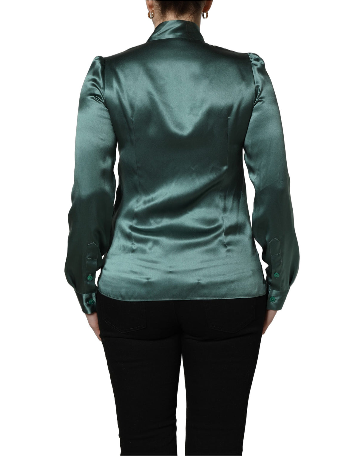 Dolce & Gabbana Dark Green Silk Satin Blouse with Neck Tie