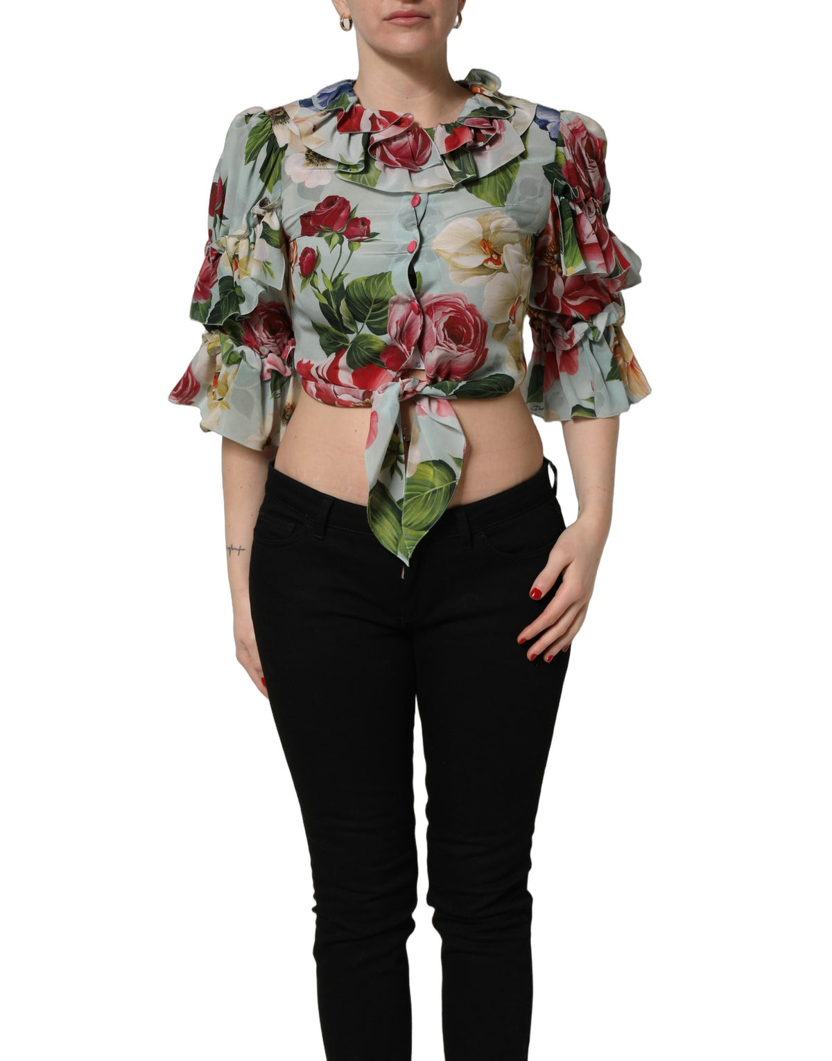 Dolce & Gabbana Multicolor Floral Silk Cropped Shirt