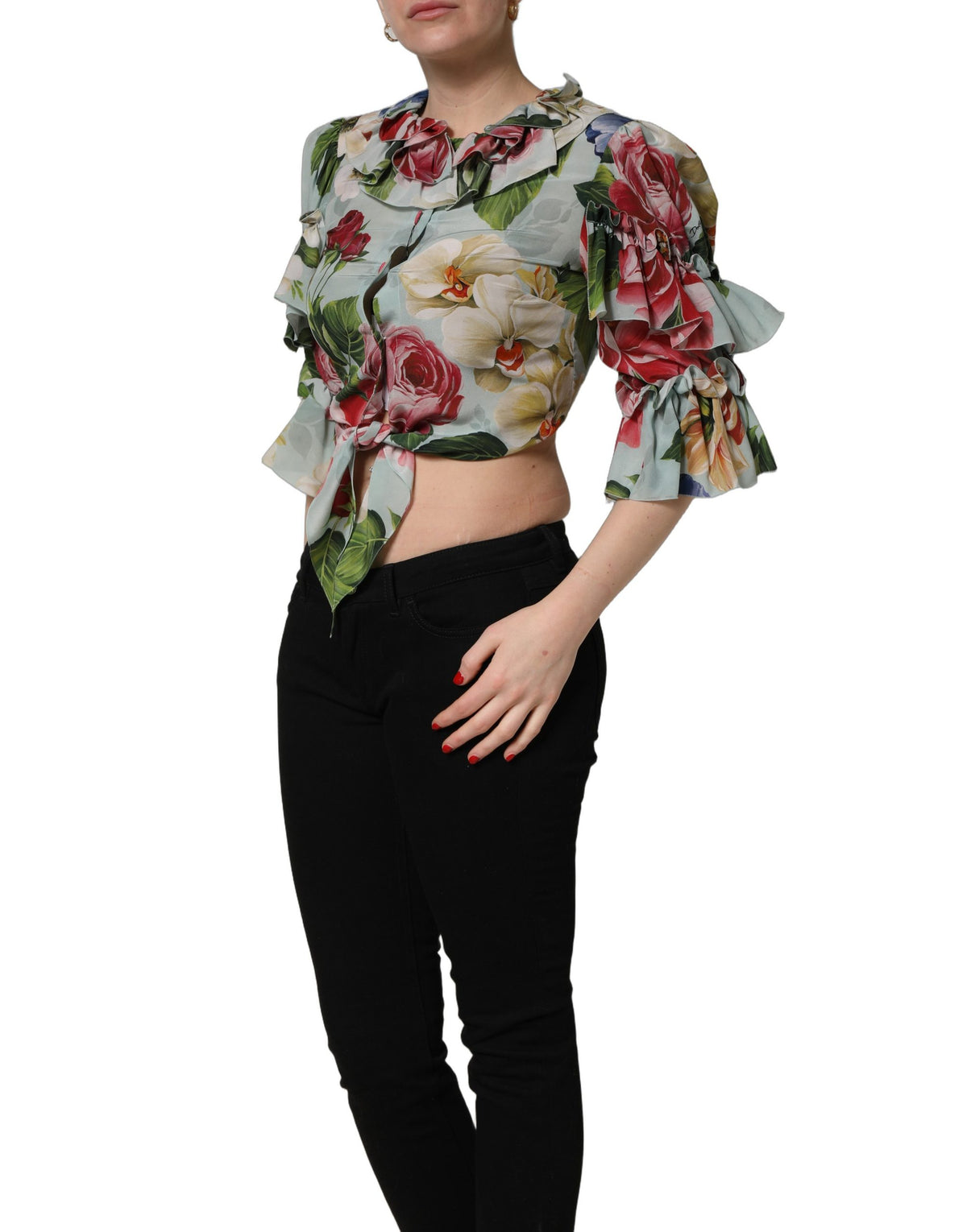 Dolce & Gabbana Multicolor Floral Silk Cropped Shirt