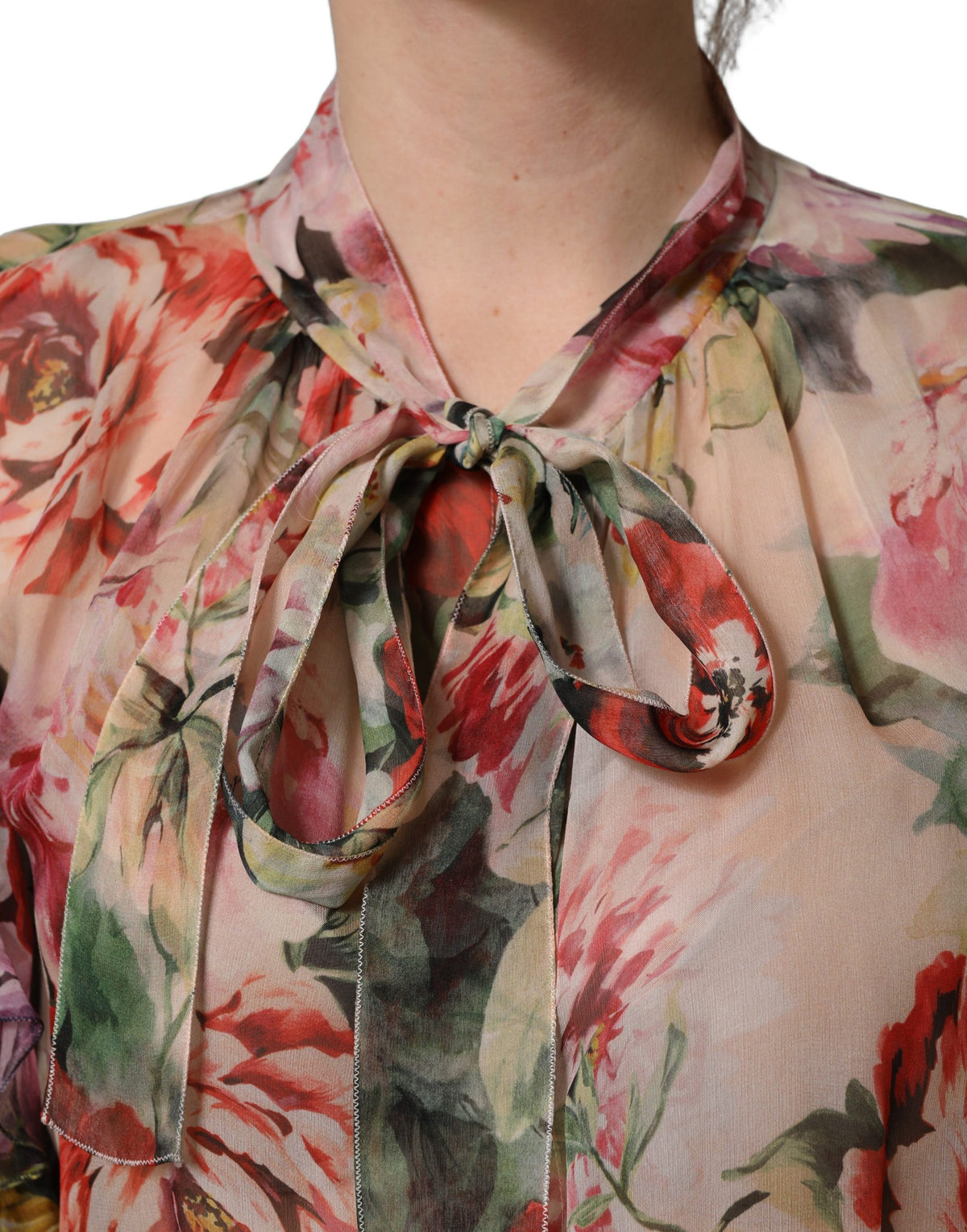 Dolce & Gabbana Multicolor Floral Tie-Neck Silk Chiffon Blouse