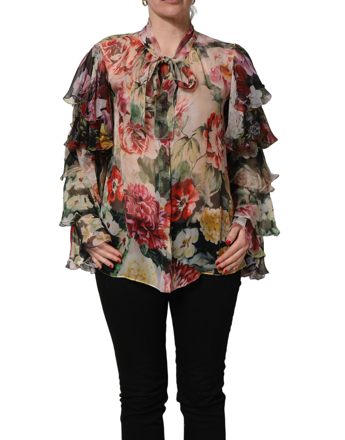 Dolce & Gabbana Multicolor Floral Tie-Neck Silk Chiffon Blouse