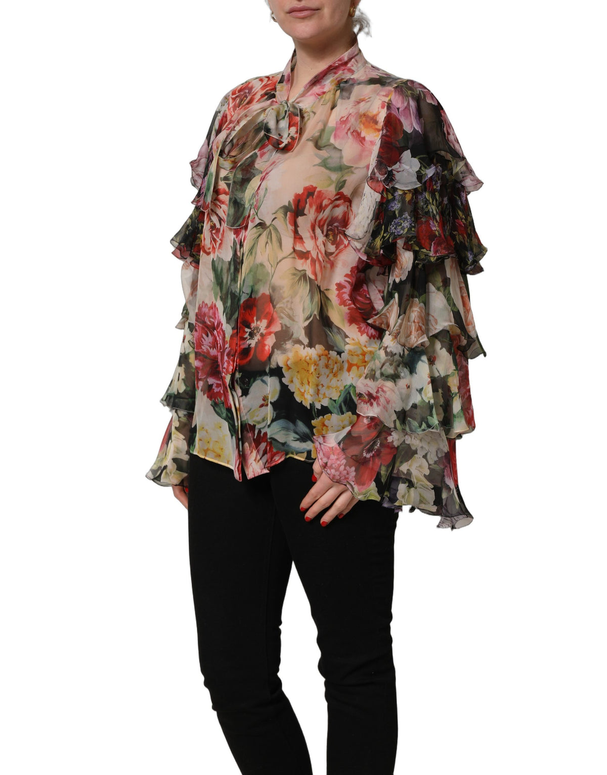 Dolce & Gabbana Multicolor Floral Tie-Neck Silk Chiffon Blouse